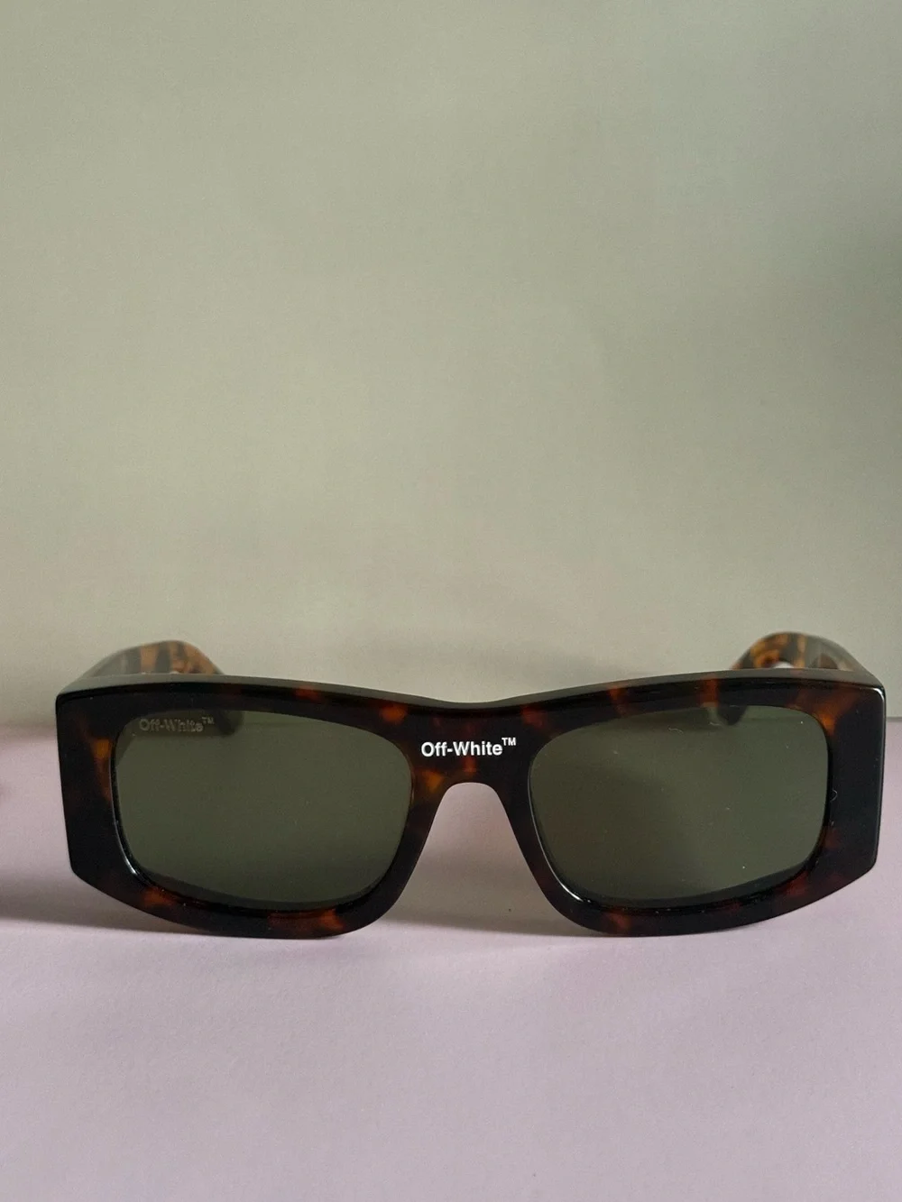 Off-White Rectangular Tortoiseshell Sunglasses with Green Lenses